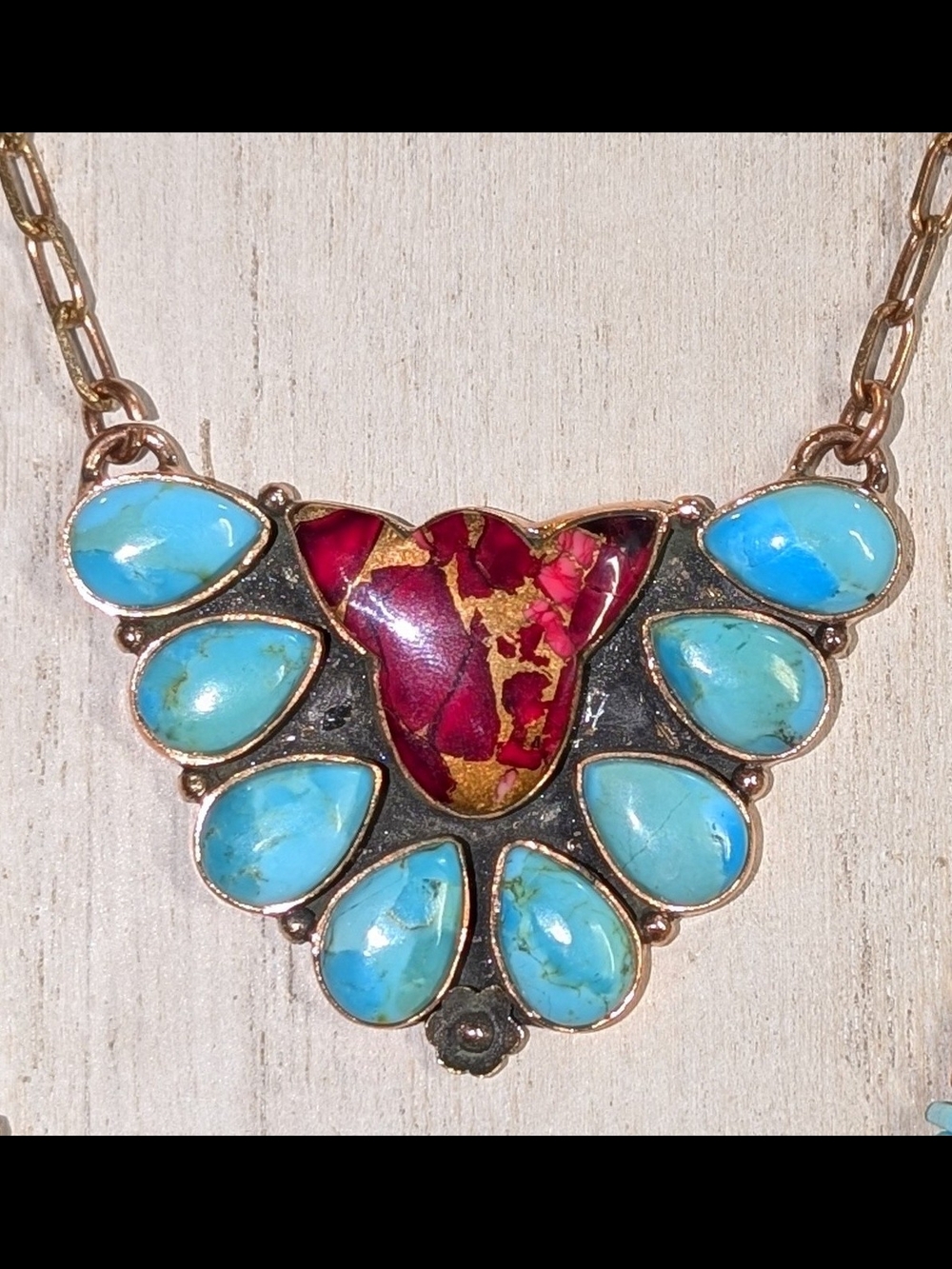 FABULOUS Cow Steer Statement Necklace - Turquoise & Rose Dahlia